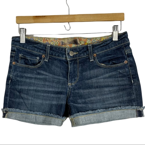 Paige Jimmy Jimmy Shorts Dark Wash Low Rise Raw Cuffed Hem Pre Faded & Feathered - Picture 10 of 11